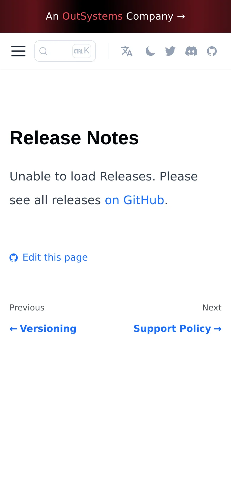 The mobile version simplifies the layout by hiding the sidebar behind a hamburger menu icon at the top left. The main content remains centered, showing the 'Release Notes' heading, the error message with a GitHub link, and the 'Edit this page' link. Navigation between pages is handled by large 'Versioning' and 'Support Policy' links at the bottom of the screen.
