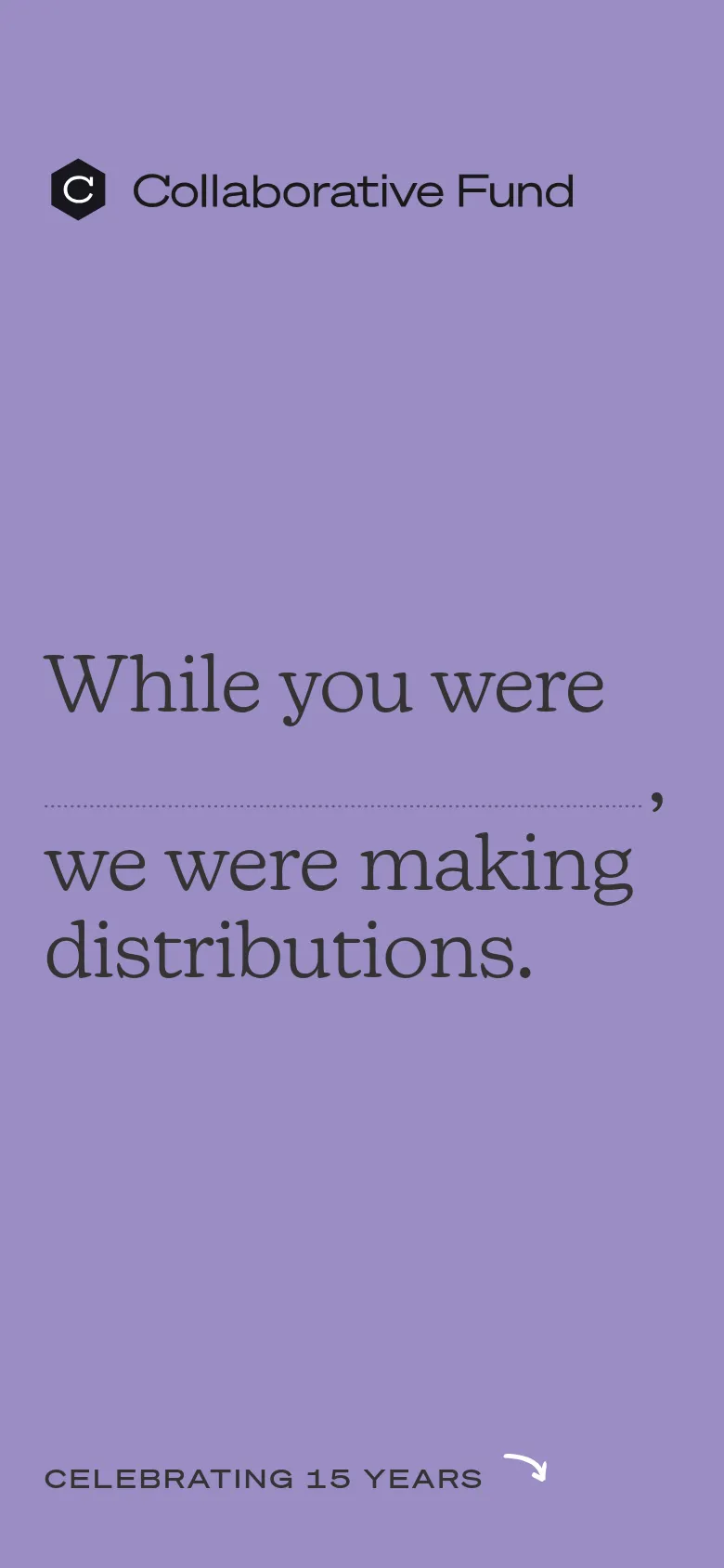 The mobile version maintains the lavender background but rearranges the text into a vertical stack to fit the narrow screen. The logo moves to the top left, and the large headline is broken into multiple lines, followed by the 'CELEBRATING 15 YEARS' link at the bottom.