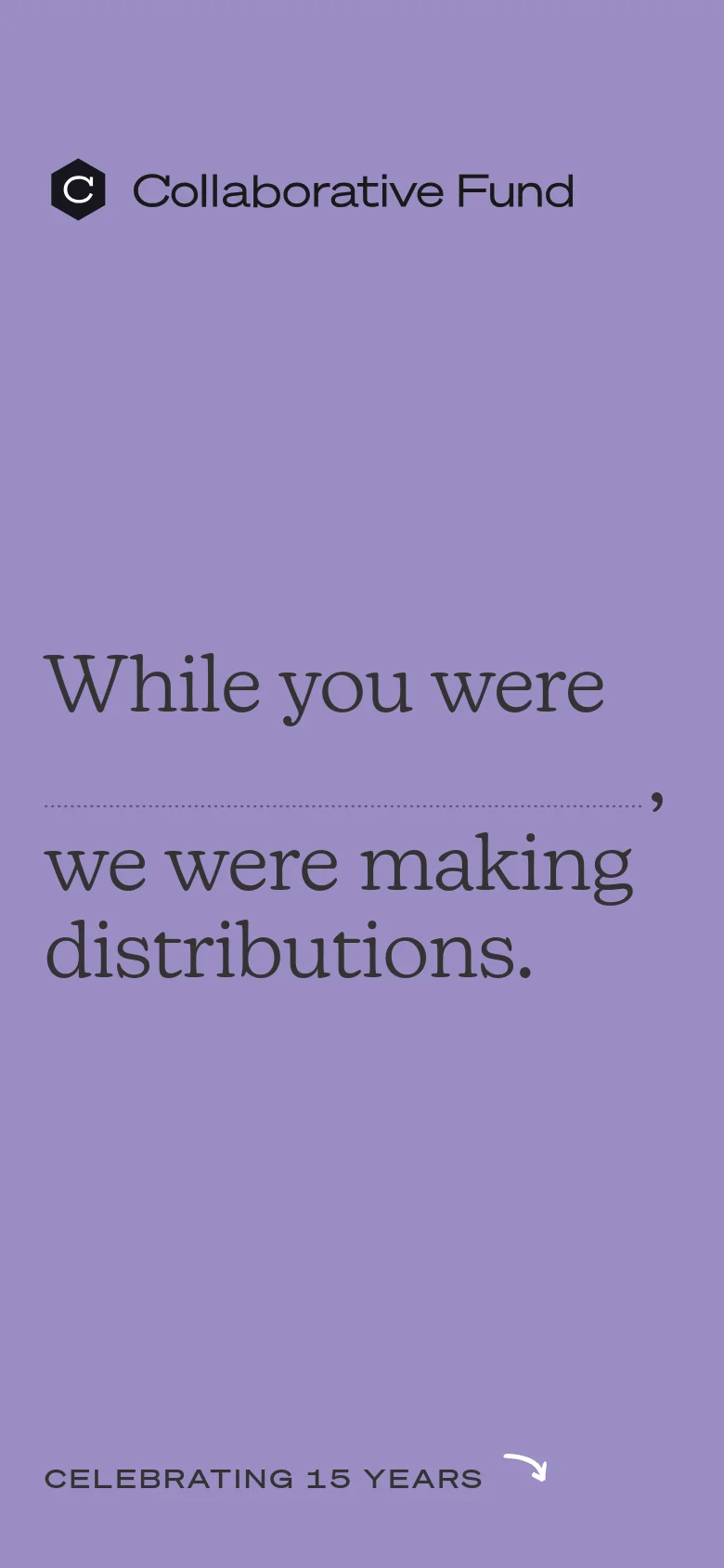 The mobile version maintains the lavender background but rearranges the text into a vertical stack to fit the narrow screen. The logo moves to the top left, and the large headline is broken into multiple lines, followed by the 'CELEBRATING 15 YEARS' link at the bottom.
