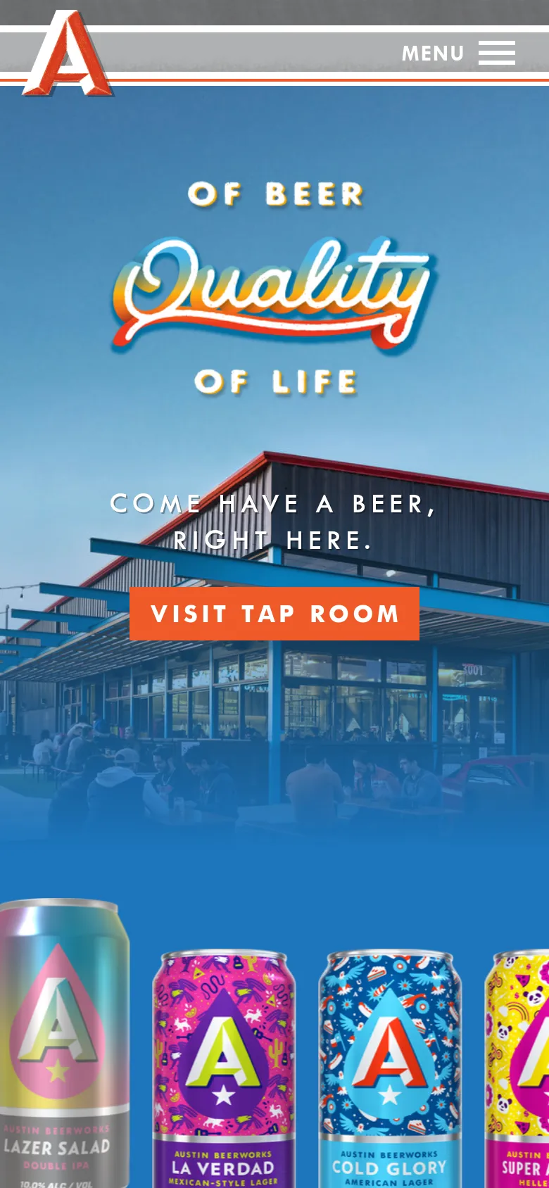 The mobile version presents a vertically stacked layout with a simplified top navigation menu represented by a hamburger icon. The central age verification modal and 'VISIT TAP ROOM' button remain prominent, but the hero image is cropped to fit the narrow screen. Below the main section, colorful beer can graphics are displayed in a horizontal scrolling row.