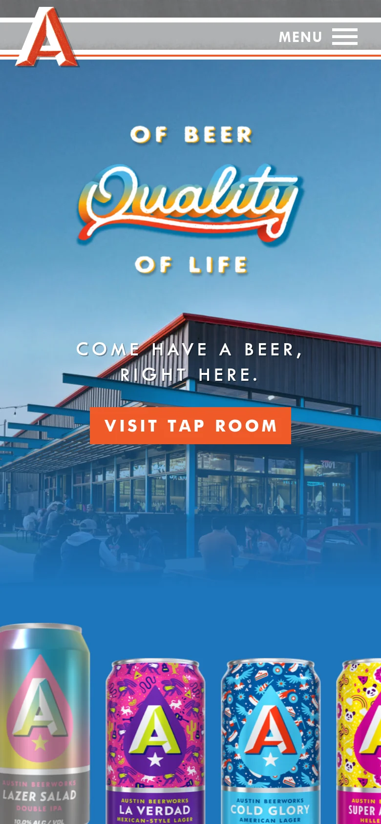 The mobile version presents a vertically stacked layout with a simplified top navigation menu represented by a hamburger icon. The central age verification modal and 'VISIT TAP ROOM' button remain prominent, but the hero image is cropped to fit the narrow screen. Below the main section, colorful beer can graphics are displayed in a horizontal scrolling row.