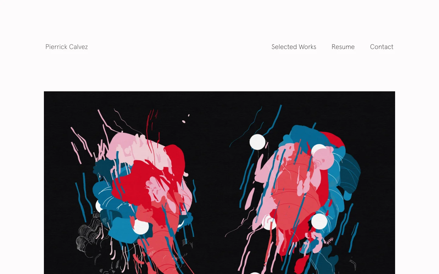 The desktop homepage for artist Pierrick Calvez features a minimalist white header with navigation links for Selected Works, Resume, and Contact. A large, colorful abstract painting with red, blue, and pink shapes on a black background serves as the hero image. Below the hero, a text-based menu lists various art series, followed by a grid of colorful artwork thumbnails.