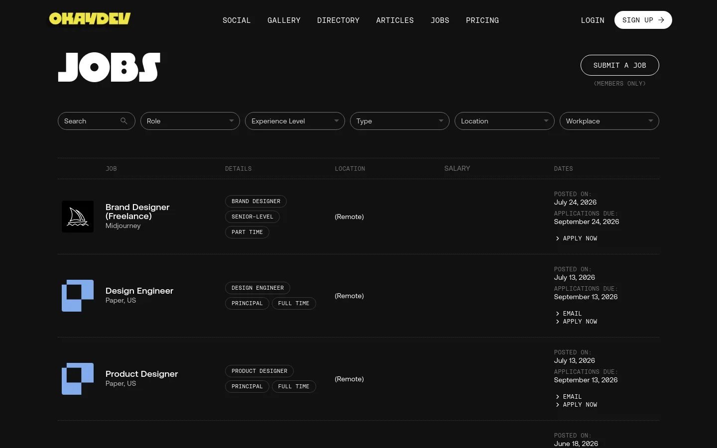 The Jobs page features a dark theme with a large white 'JOBS' headline and a 'SUBMIT A JOB' button. A horizontal filter bar allows users to search and filter by Role, Experience Level, Type, Location, and Workplace. Below the filters, job listings are displayed in a table-like list format showing job title, company, tags, location, salary, and application dates.