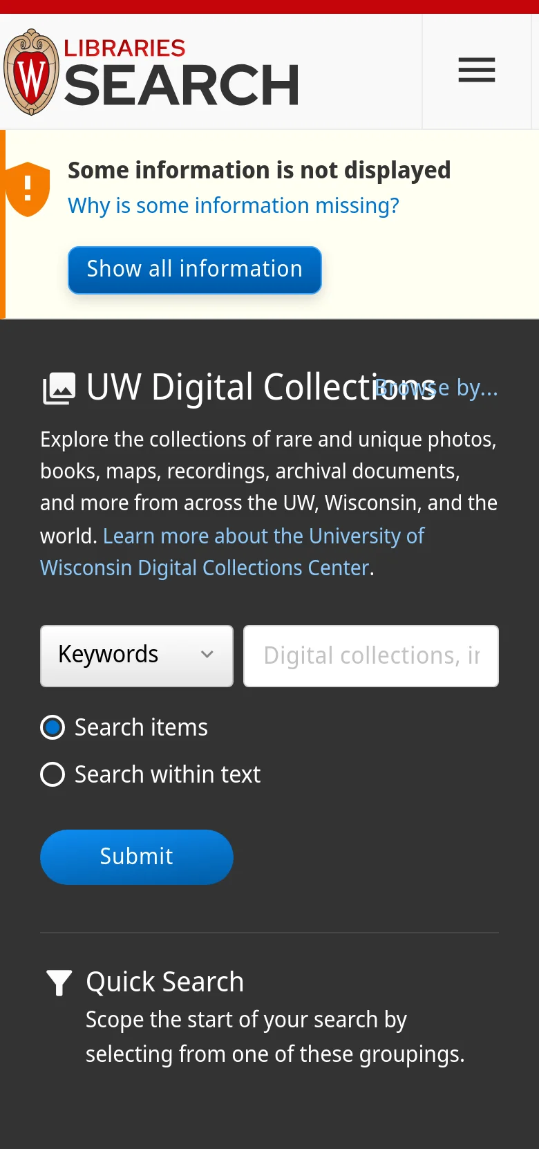 The mobile version simplifies the layout, stacking the search interface elements vertically over the woodblock print background. The top navigation is condensed into a hamburger menu icon, and the search box spans the width of the screen to accommodate touch interaction.