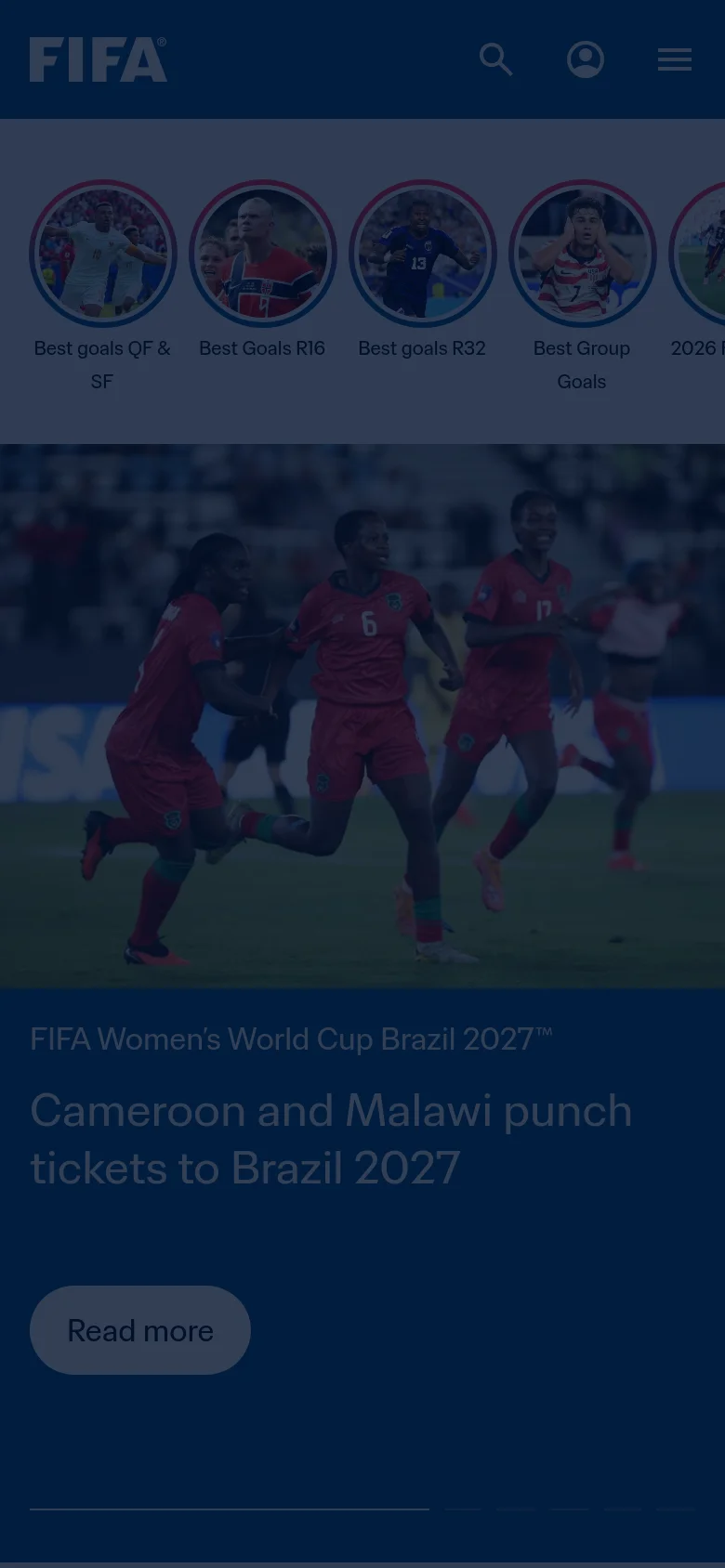 The mobile version presents a simplified layout with a hamburger menu and search icon in the header. The circular highlight carousel is condensed, and the main news story features a large, vertically oriented image of female football players with the headline and 'Read more' button positioned below the image.