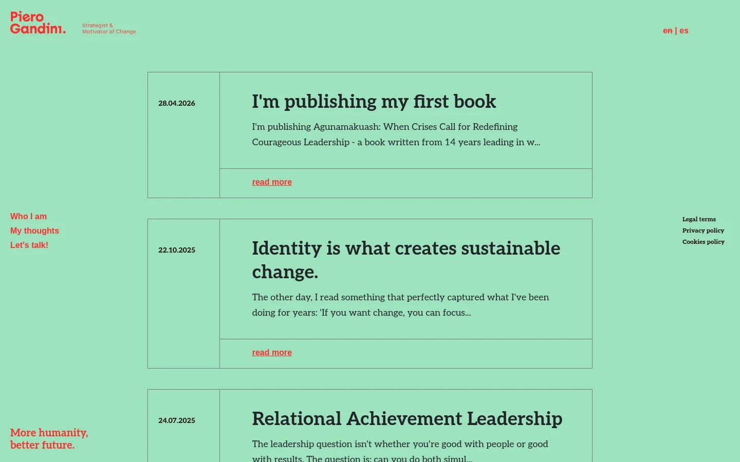 The desktop version of the 'My thoughts' page features a minimalist design with a light mint green background. A clean header displays the name 'Piero Gandini' in red, followed by a navigation menu on the left and language options on the right. The main content consists of a vertical list of blog post previews, each contained within a thin-lined rectangular box featuring a date, a bold black headline, a short summary, and a 'read more' link.