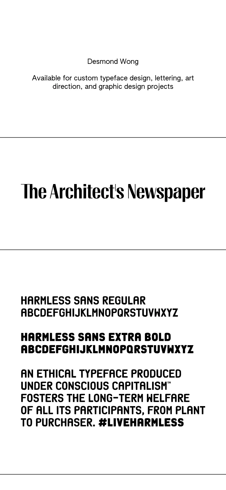 A minimalist mobile portfolio layout with a white background and black text. The page features a centered header and a single-column vertical feed of typeface logos and lettering samples separated by thin horizontal rules, optimized for vertical scrolling on a small screen.