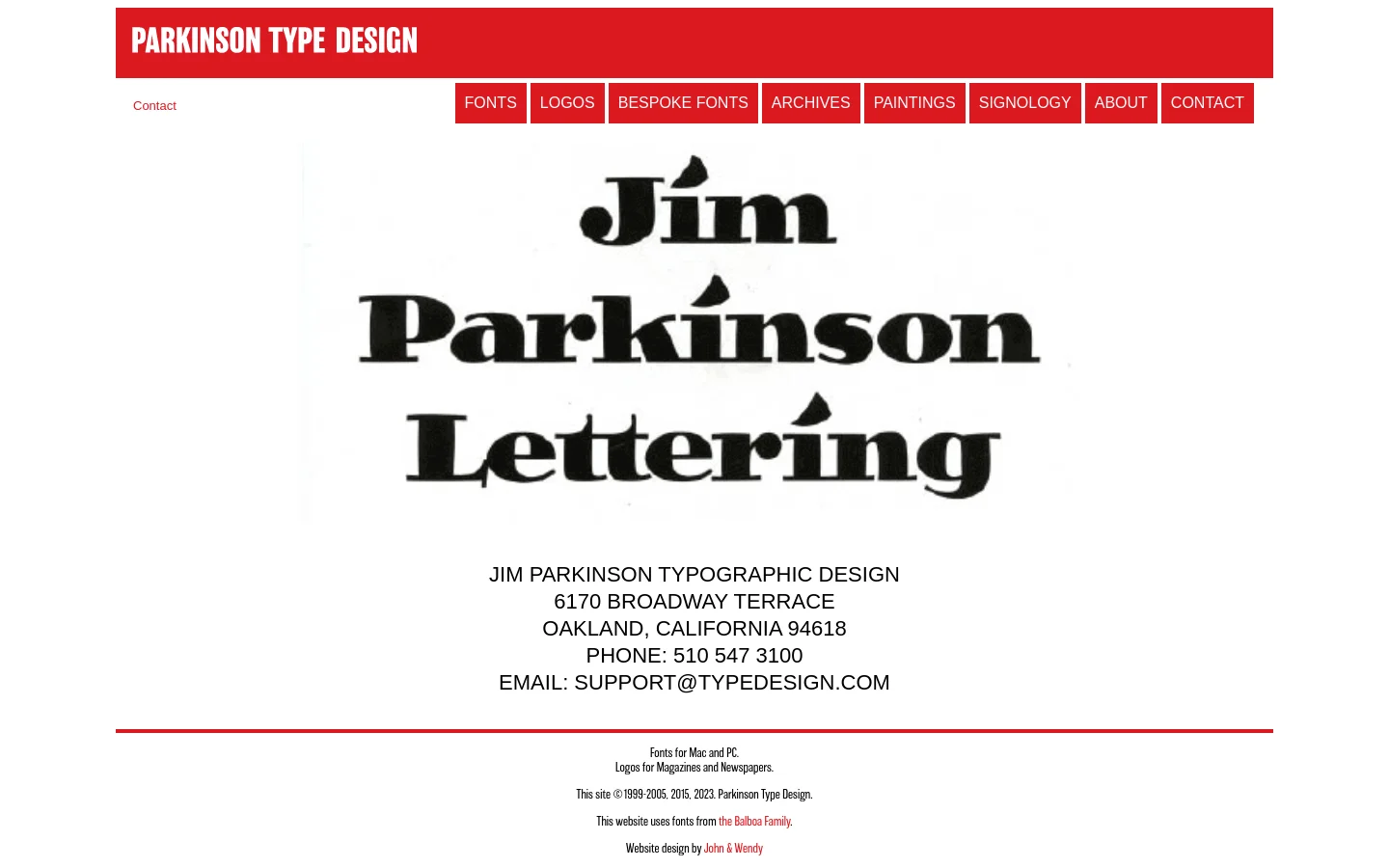 The desktop contact page features a red header with 'PARKINSON TYPE DESIGN' in white text and a navigation menu with red buttons. Below, a large, black-and-white stylized graphic of 'Jim Parkinson Lettering' sits above centered contact information including address, phone, and email. The layout is clean with a white background and a red horizontal line separating the content from the footer.