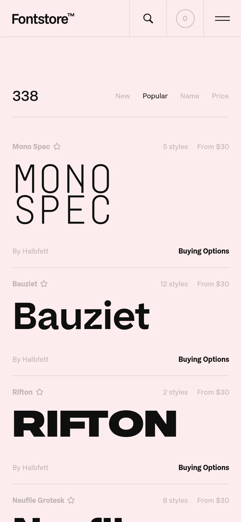 The mobile version simplifies the interface, replacing the extensive desktop filter sidebar with a condensed view. The top navigation is replaced by a search icon, a cart indicator, and a hamburger menu icon. The font specimens are displayed in a single-column vertical list, emphasizing large typography and 'Buying Options' buttons for easier touch interaction.
