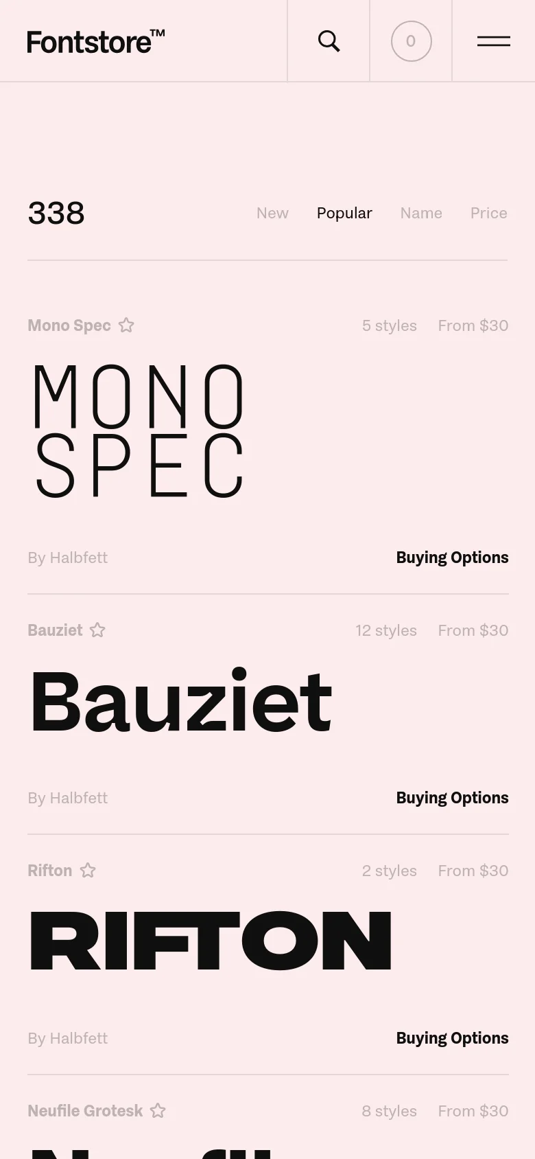 The mobile version simplifies the interface, replacing the extensive desktop filter sidebar with a condensed view. The top navigation is replaced by a search icon, a cart indicator, and a hamburger menu icon. The font specimens are displayed in a single-column vertical list, emphasizing large typography and 'Buying Options' buttons for easier touch interaction.