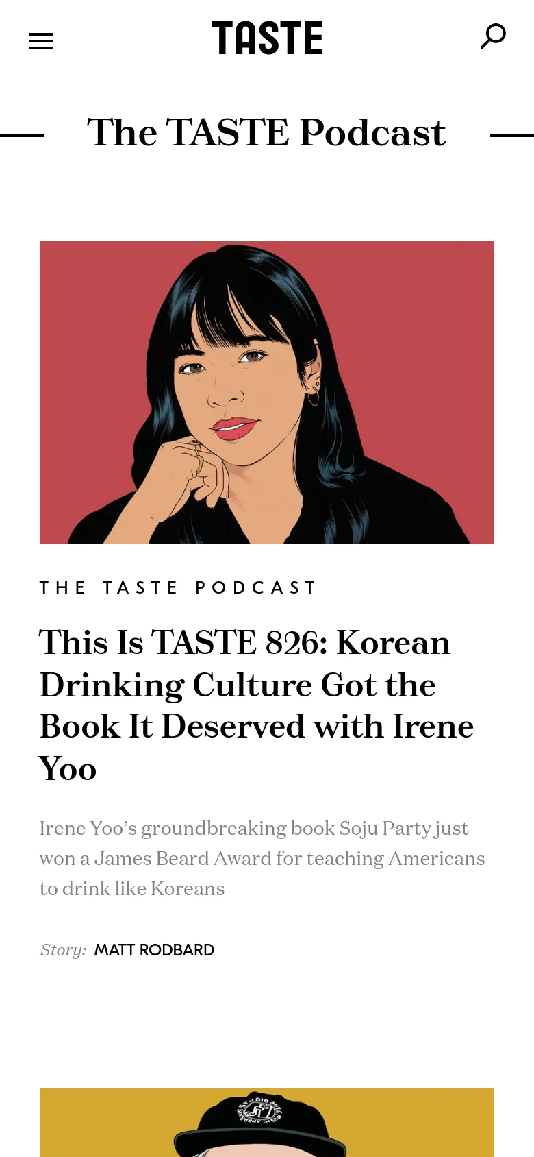 The mobile version displays a single-column vertical layout focused on one podcast episode at a time. A large, colorful illustration of Irene Yoo dominates the top of the screen, followed by the episode title, a summary, and the author's name. The header is simplified with a hamburger menu icon and a search icon.