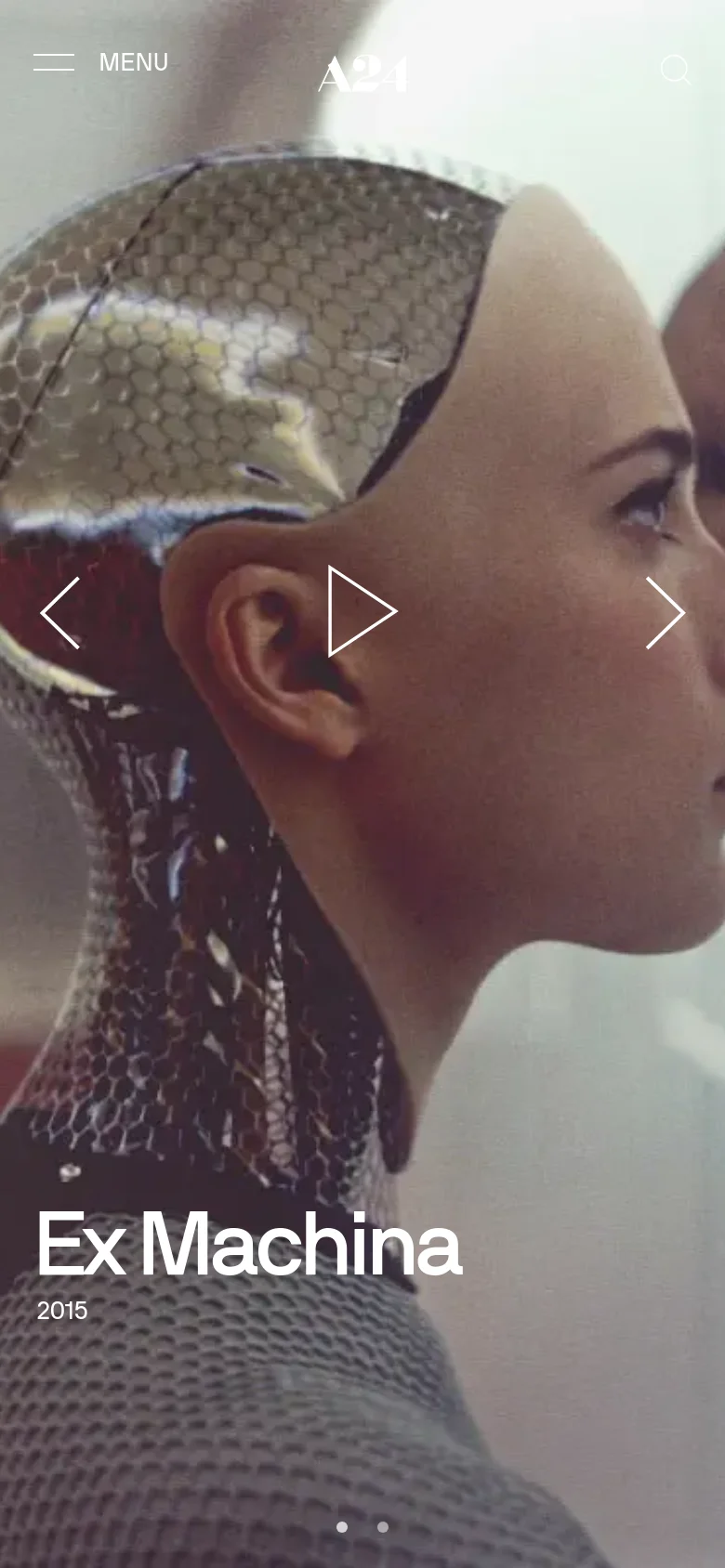 The mobile version presents a vertically oriented, full-screen hero image of the humanoid robot from Ex Machina. The navigation is simplified with a 'MENU' icon on the left, the A24 logo centered, and a search icon on the right. The film title 'Ex Machina' and the year '2015' are overlaid directly onto the bottom portion of the image.
