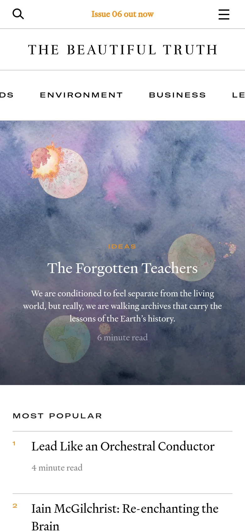 The mobile version simplifies the layout into a single-column vertical scroll, focusing on the large hero image and the main headline 'The Forgotten Teachers.' The top navigation is condensed into a hamburger menu and a search icon, and the 'Most Popular' section is moved below the primary content area.