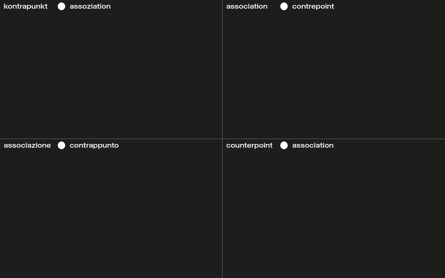 The desktop homepage features a minimalist dark design with a four-quadrant grid layout separated by thin white lines. Each quadrant contains the organization's name in different languages (German, French, Italian, and English) paired with a white circular icon. The top of the page includes a brief introductory text in German about the association's mission.