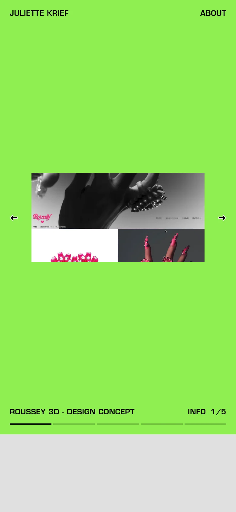 The mobile version maintains the lime green background and minimalist aesthetic but scales the content vertically. The central slider is smaller and centered, featuring the same 'ROUSSEY 3D' imagery, with the project title and info controls positioned at the bottom of the screen.