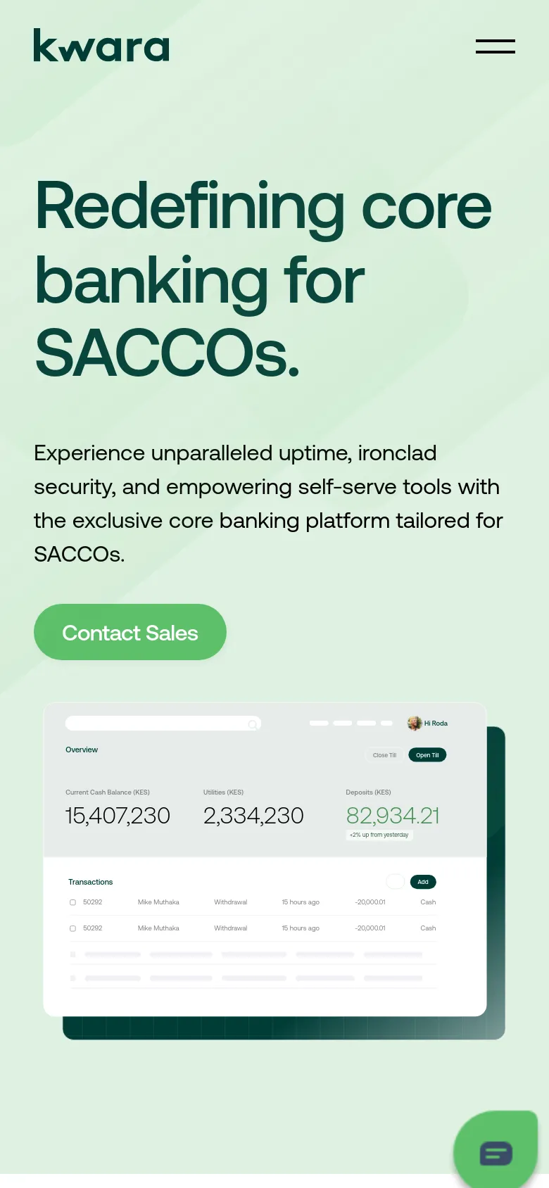The mobile version presents a simplified, vertically stacked layout on a light green background. The main headline and subtext are centered at the top, followed by a prominent green 'Contact Sales' button. Below the button, a smaller version of the financial dashboard mockup is displayed, and the navigation is condensed into a hamburger menu icon in the top right.