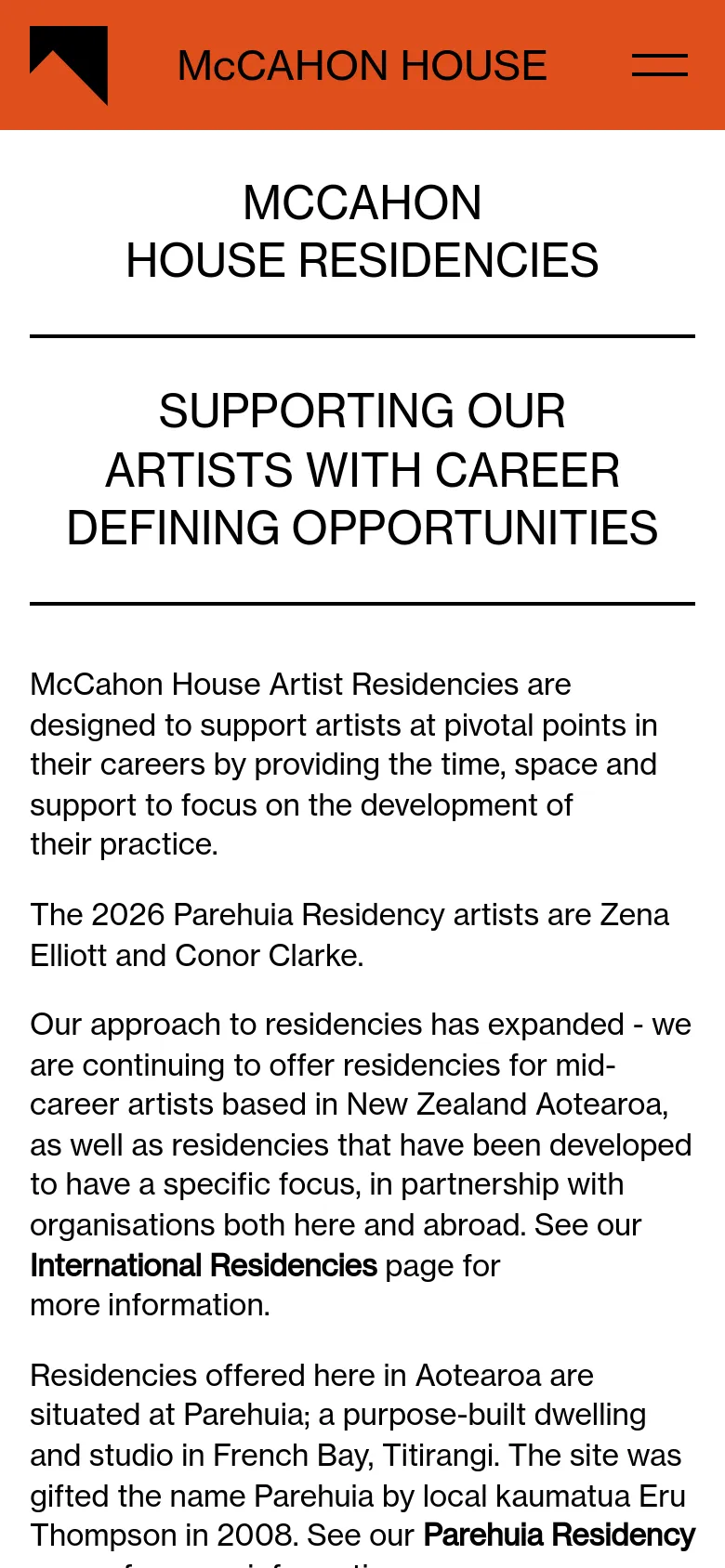 The mobile version uses a single-column vertical layout with a prominent orange header containing the McCahon House logo and a hamburger menu. The text is centered and stacked, beginning with the main heading followed by the sub-headline and body text, removing the side-by-side hero columns seen on desktop.