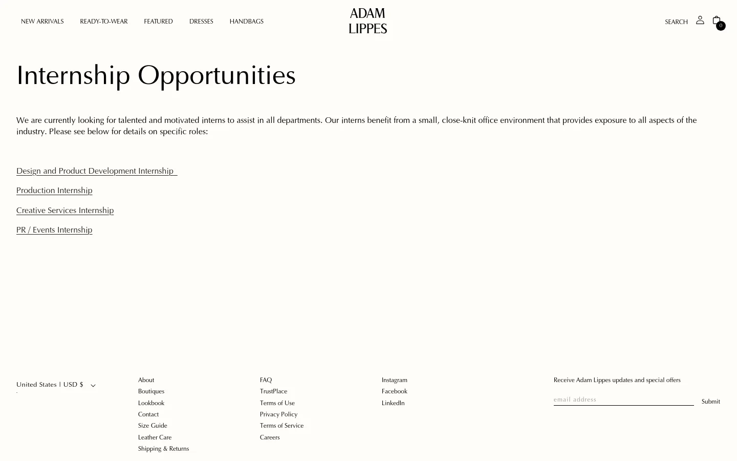 The desktop Careers page features a minimalist design with a white background and black text. A large headline reads 'Internship Opportunities' above a brief introductory paragraph, followed by a list of four underlined text links for specific internship roles. The navigation menu is at the top, and a multi-column footer contains site links and an email signup field.