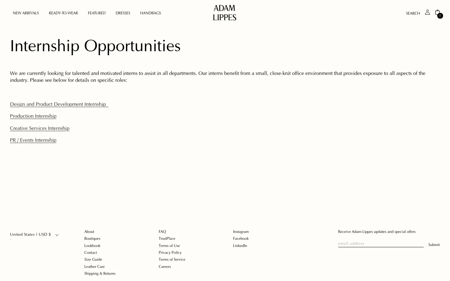 The desktop Careers page features a minimalist design with a white background and black text. A large headline reads 'Internship Opportunities' above a brief introductory paragraph, followed by a list of four underlined text links for specific internship roles. The navigation menu is at the top, and a multi-column footer contains site links and an email signup field.