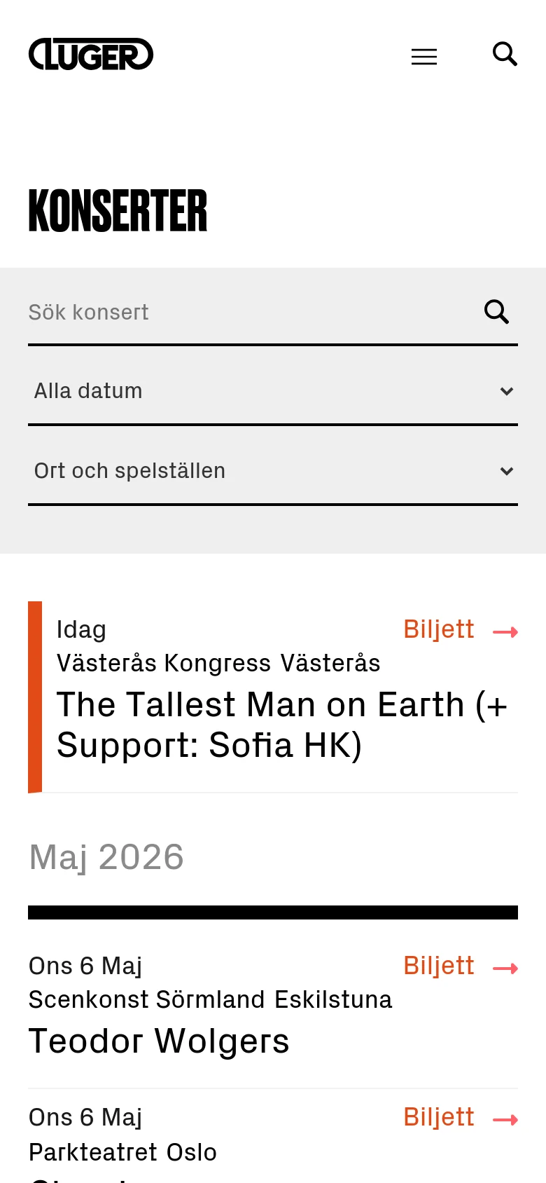The mobile version presents a simplified vertical layout with a condensed header containing a hamburger menu and search icon. The concert list is stacked vertically, emphasizing the artist name and location, with the red 'Biljett' links positioned to the right of each entry.
