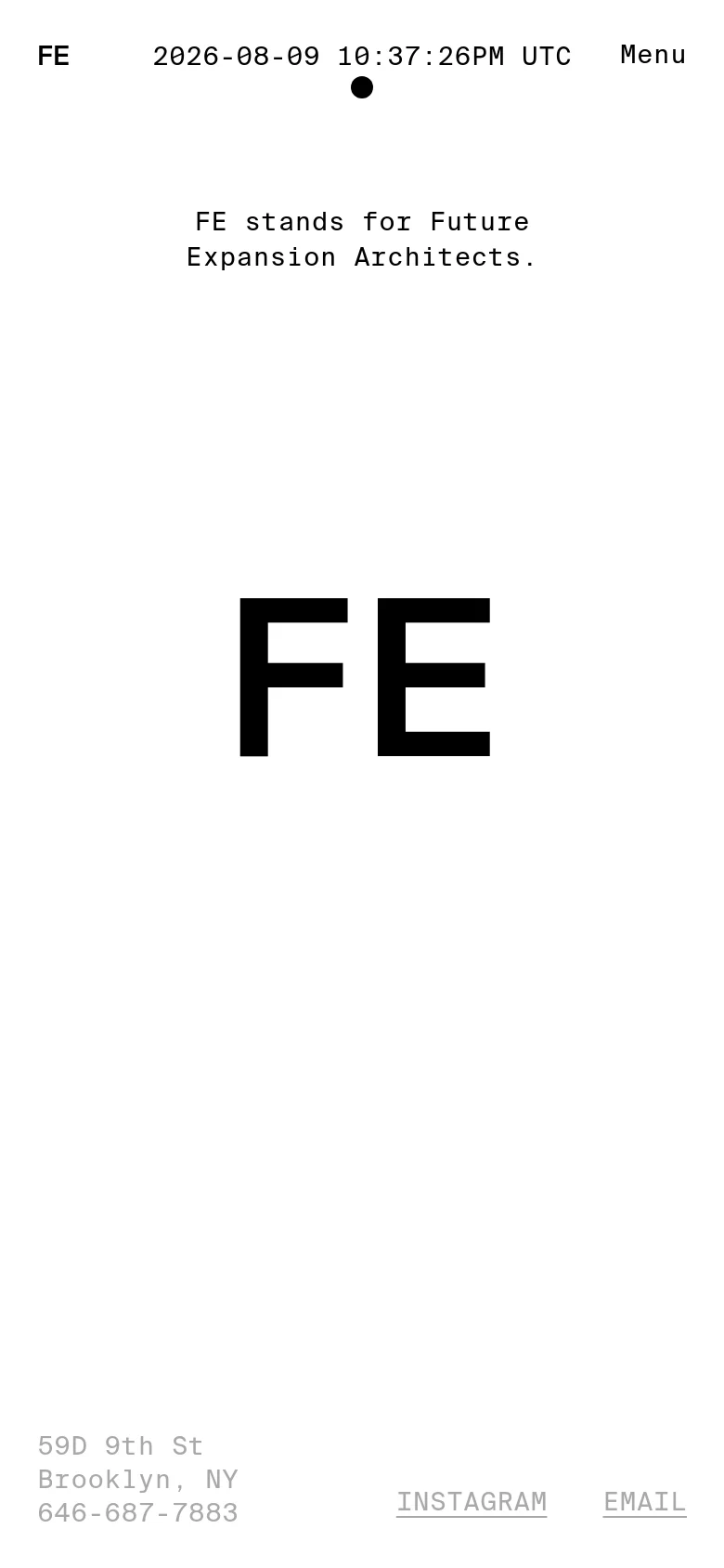 The mobile version simplifies the layout into a single vertical column, replacing the top navigation bar with a 'Menu' button. The large 'FE' branding and central text remain prominent, while the footer contact details and links are stacked vertically for easier scrolling on a smaller screen.