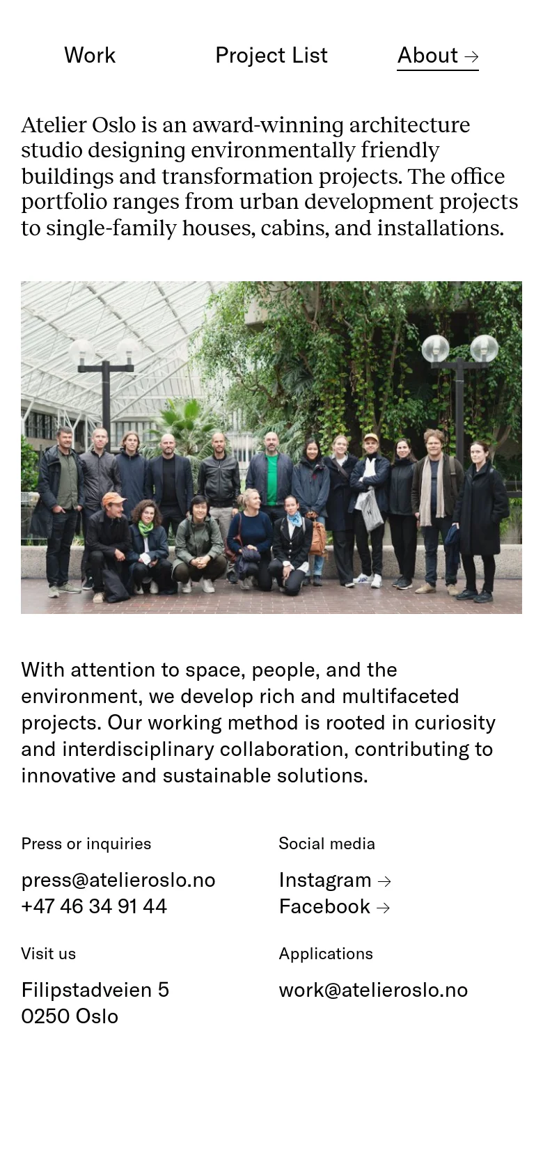 The mobile version presents a single-column layout with the navigation menu at the top. The introductory text is followed by the large group photo, with contact details, social media links, and application information stacked vertically below the image.