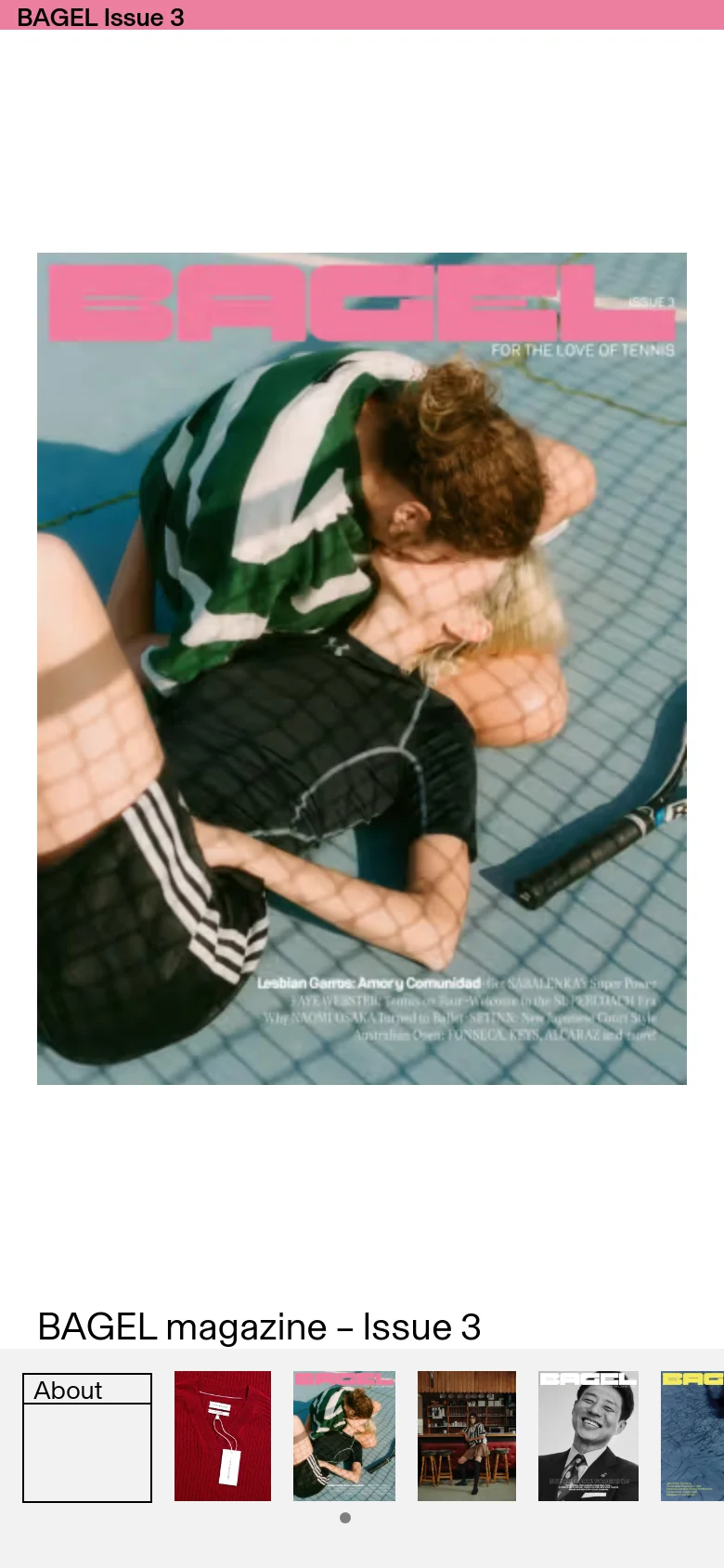 The mobile version presents a single-column vertical layout optimized for scrolling. The large editorial images and text are scaled down to fit the narrow screen, maintaining a clean, white-space-heavy aesthetic with the navigation menu remaining accessible at the bottom.