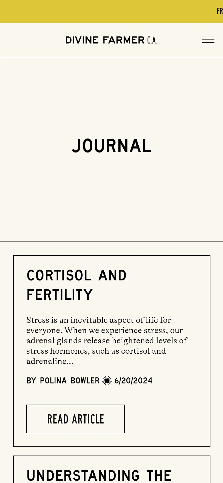 The mobile version simplifies the layout to a single-column view for easier scrolling. The top navigation is replaced by a hamburger menu icon next to the 'DIVINE FARMER C.A.' logo. Article previews are stacked vertically in large, cream-colored cards with prominent 'READ ARTICLE' buttons.