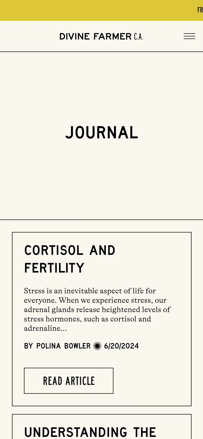 The mobile version simplifies the layout to a single-column view for easier scrolling. The top navigation is replaced by a hamburger menu icon next to the 'DIVINE FARMER C.A.' logo. Article previews are stacked vertically in large, cream-colored cards with prominent 'READ ARTICLE' buttons.