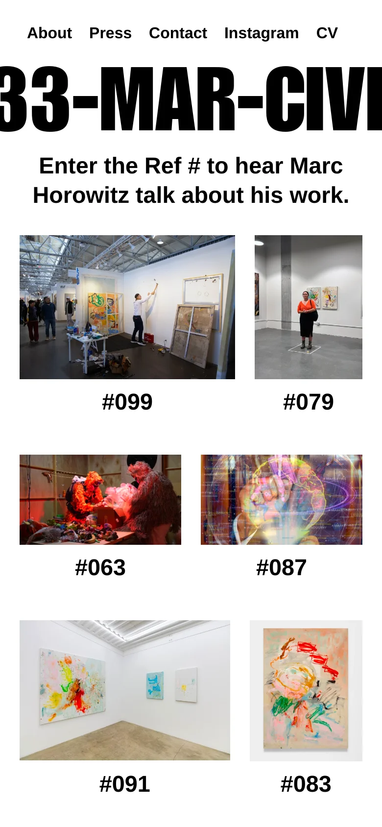 The mobile version maintains the white background and bold black text but uses a stacked layout. The navigation links are positioned at the top, followed by the large headline and instructions. The image grid transitions to a single or double column layout, showing large images with their corresponding reference numbers directly underneath.