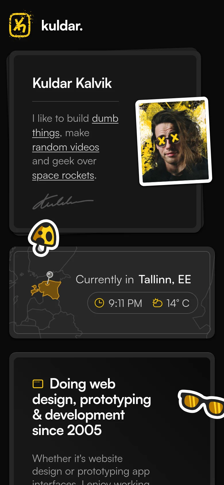 The mobile version presents a vertically stacked layout of the same dark-themed content. The cards are arranged in a single column, starting with the profile portrait and bio, followed by location information, professional experience, and social media buttons.
