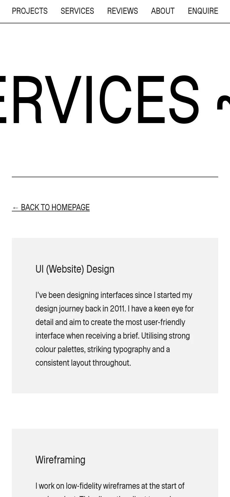 The mobile version maintains the minimalist aesthetic but utilizes a vertically stacked layout. The large 'SERVICES' headline is partially visible at the top, and the service descriptions are arranged in single-column light gray cards for easier scrolling on a smaller screen.