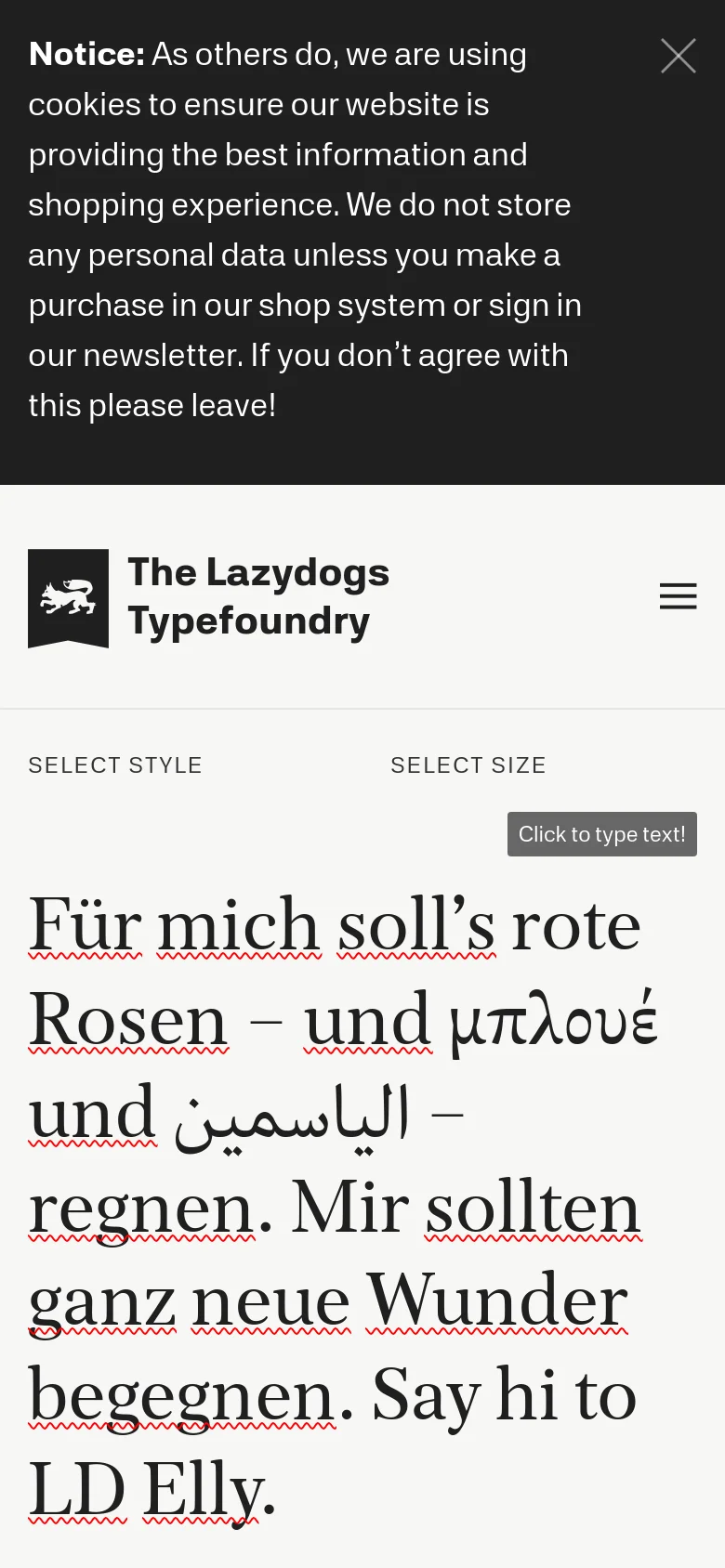 The mobile version presents a simplified, vertically stacked layout with a hamburger menu icon in the top right corner. The large typographic hero text dominates the screen, followed by font selection dropdowns and a prominent cookie notice overlay at the bottom. The bright orange brand colors and large-scale text remain the central visual elements.