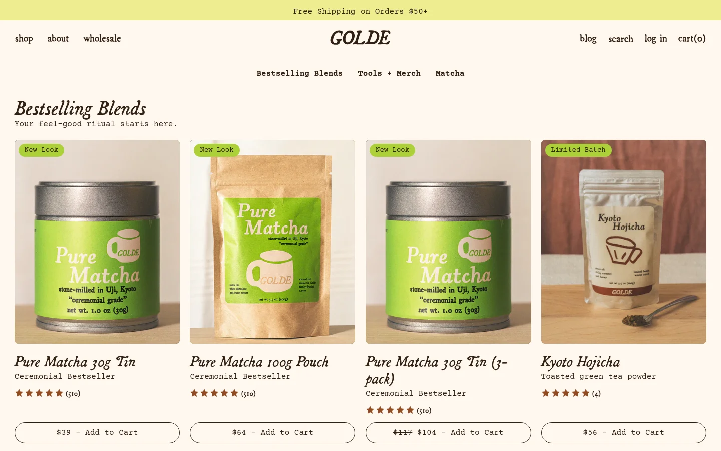 The desktop shop page features a clean, minimalist layout with a white background and serif typography. A grid of product images showcases matcha tins and pouches with labels like 'New Look' or 'Limited Batch,' accompanied by product names, descriptions, star ratings, and 'Add to Cart' buttons. Navigation links for Bestselling Blends, Tools + Merch, and Matcha are positioned at the top.
