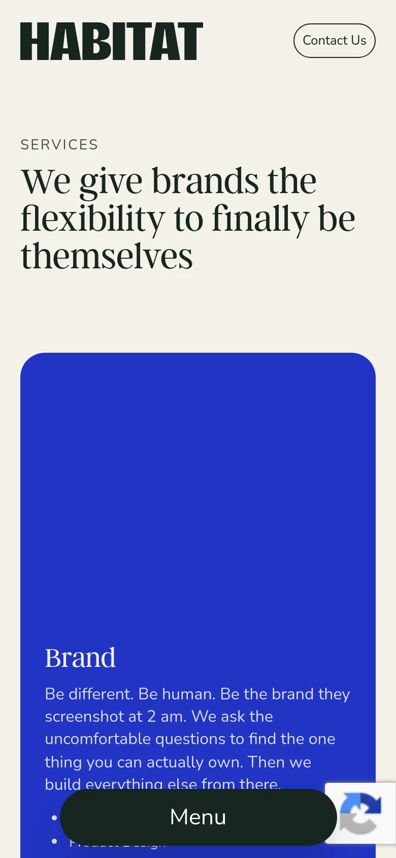 The mobile version uses a vertical layout with the Habitat logo and a 'Contact Us' button at the top. The headline is stacked vertically, and the blue service section is condensed, with a prominent 'Menu' button overlaid at the bottom of the screen for navigation.