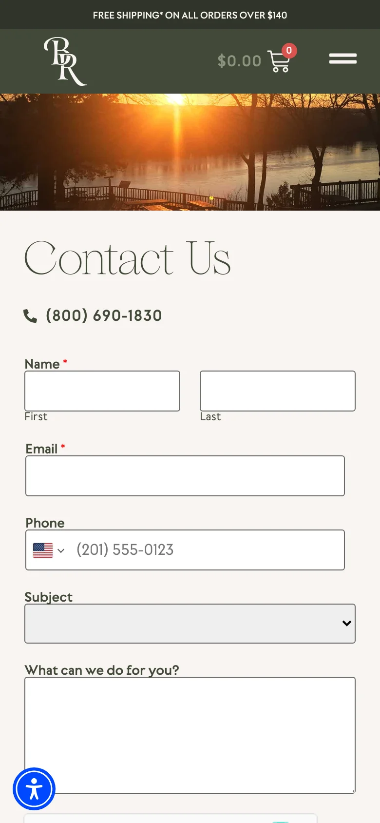 The mobile version uses a single-column vertical layout, stacking the sunset hero image above the contact form. The navigation is condensed into a hamburger menu, and the contact form fields span the full width of the screen for easier tapping.