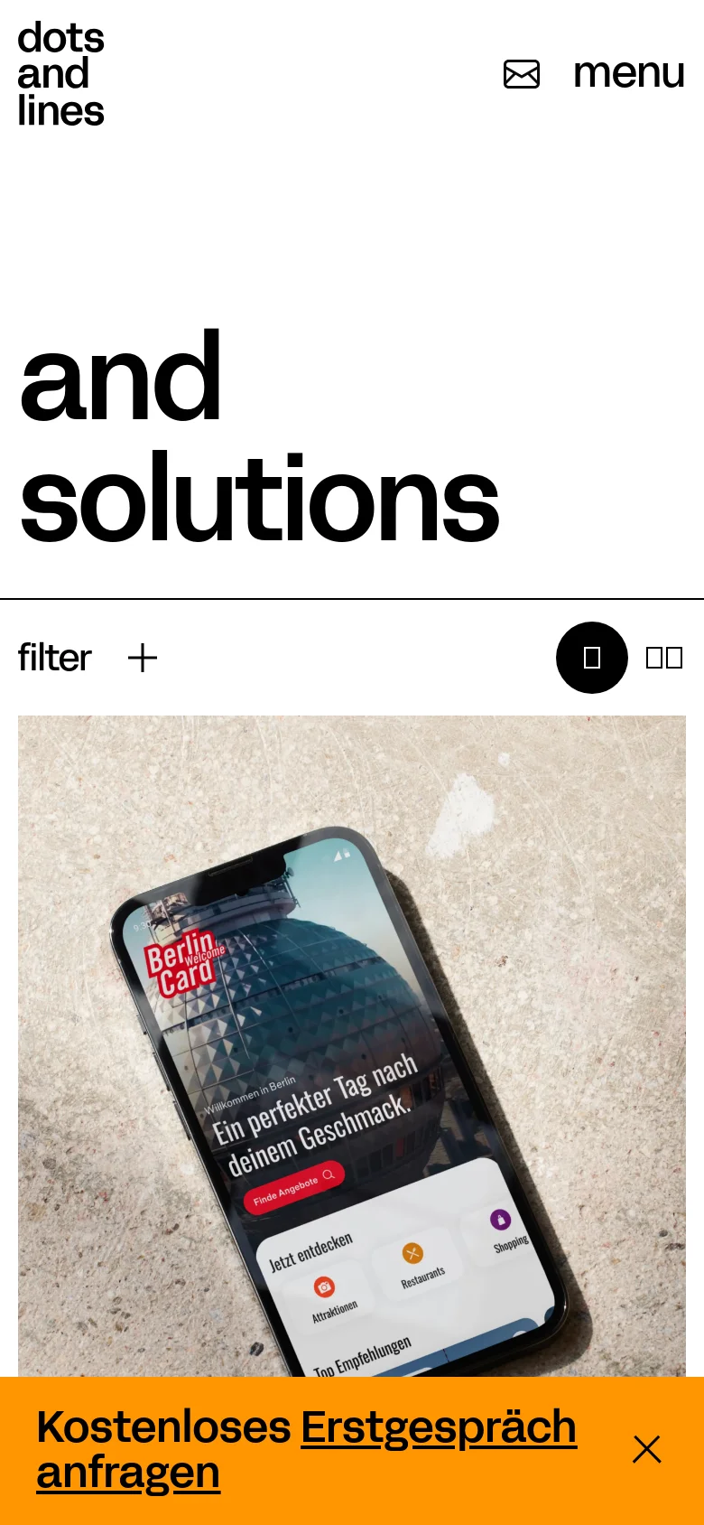 Dots and Lines solutions page with a vertically stacked layout. Large bold typography dominates the header, followed by a simplified filter menu and a single-column grid of project cards featuring smartphone mockups and brand imagery against a clean white backdrop.