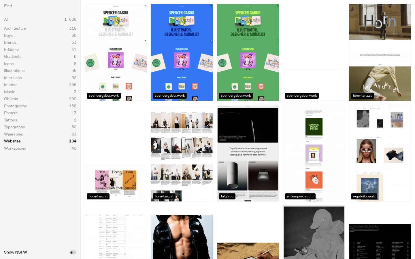 A minimalist website archive featuring a grid of website design previews. On the left, a sidebar contains a list of categories with item counts, such as Architecture, Brands, and Websites. The main content area displays large, colorful rectangular thumbnails of various websites, each labeled with its URL in a black pill-shaped tag at the bottom.