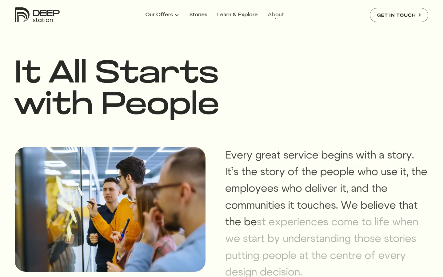 The desktop page features a large headline 'It All Starts with People' on a white background. Below, a hero image shows a group of diverse professionals collaborating in a modern office, positioned next to a paragraph of text describing the company's human-centered design philosophy.