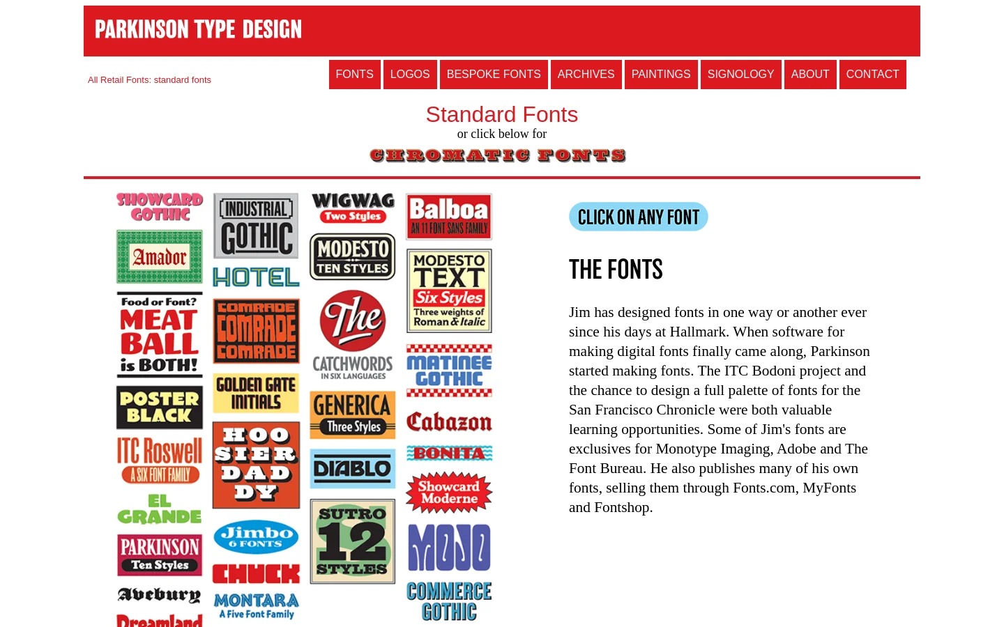The desktop page for Parkinson Type Design features a red header with a white logo and a navigation menu. The main content displays the headline 'Standard Fonts' followed by a grid of colorful, stylized font specimen images and a text section titled 'THE FONTS' describing the designer's history.