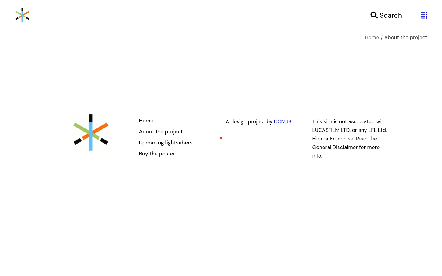 The desktop page features a minimalist white background with a top navigation bar containing a colorful starburst logo, a search icon, and a menu grid. The main content area displays a large heading 'I love lightsabers,' followed by personal text about the project and several minimalist lightsaber illustrations. A footer section at the bottom includes site links, a project credit to DCMJS, and a legal disclaimer.