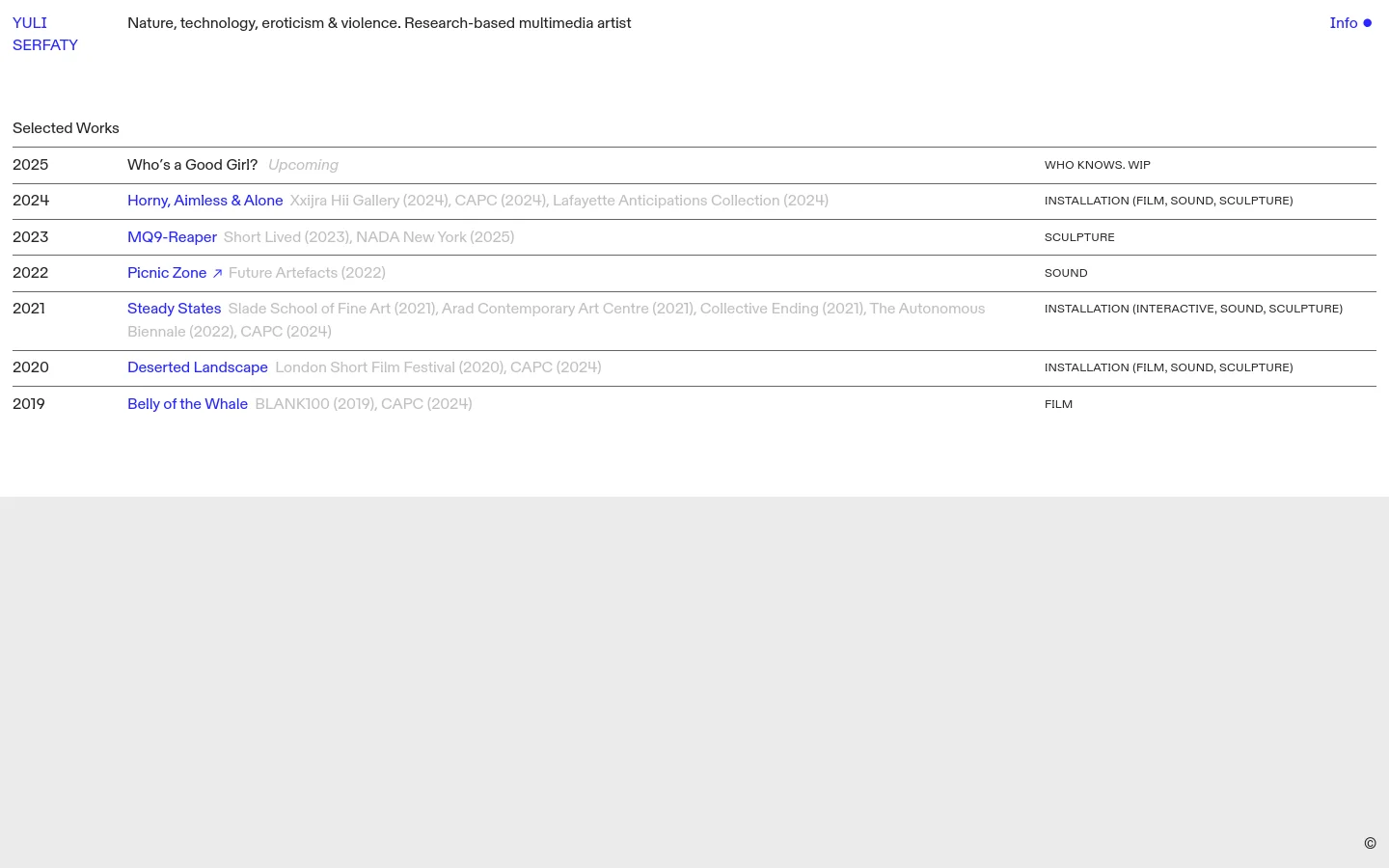 The desktop homepage for multimedia artist Yuli Serfaty features a minimalist design with a white background and black text. The layout includes the artist's name and mission statement at the top left, an 'Info' link at the top right, and a chronological list of 'Selected Works' spanning from 2019 to 2025. Each entry displays the year, project title, exhibition details, and medium, separated by thin horizontal lines.