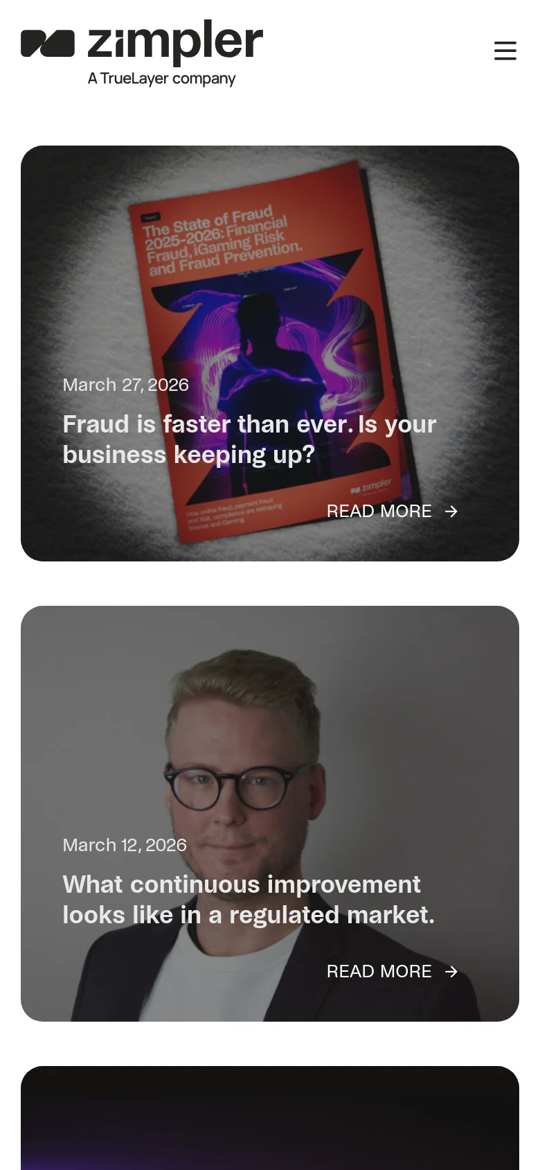 The mobile version of the blog page simplifies the header into a hamburger menu icon next to the Zimpler logo. The blog post cards are stacked vertically in a single column, featuring full-width imagery with headlines and 'READ MORE' links overlaid on the bottom of each card.