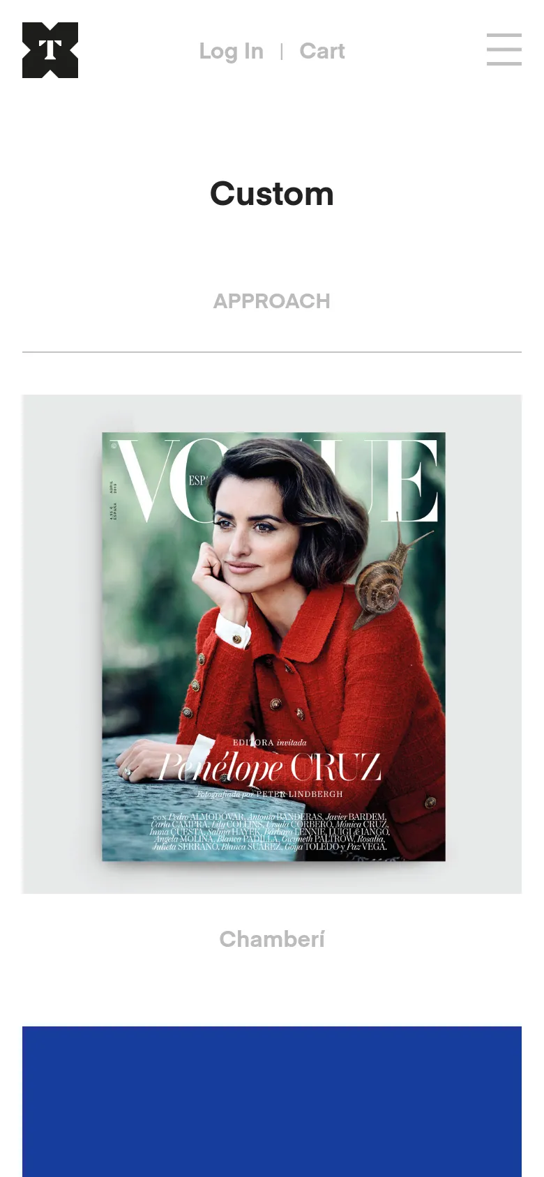 The mobile version presents a simplified, vertically stacked layout with a centered 'Custom' heading and a hamburger menu icon in the top right. The project grid is transformed into a single-column view, prominently featuring a large image of a Vogue magazine cover with the title 'Chamberí' underneath.