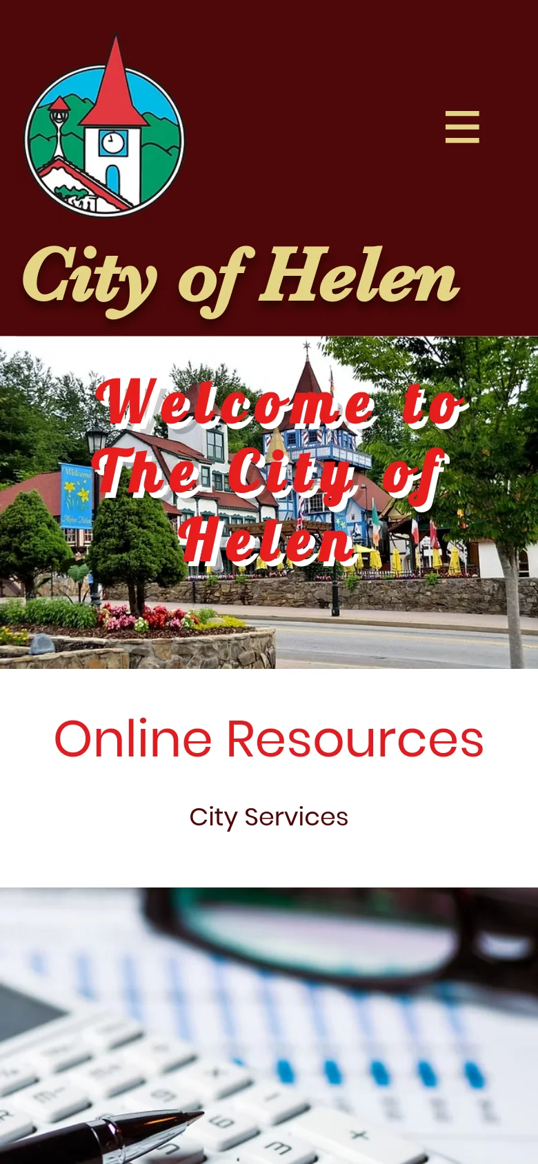 The mobile version features a condensed dark red header with a circular logo and a hamburger menu icon. The hero section displays the same Bavarian-style streetscape with large overlaid text, followed by a white section containing the 'Online Resources' and 'City Services' headings in red and dark brown text.