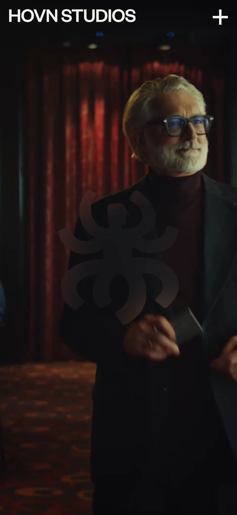 The mobile version maintains the minimalist aesthetic with the Hovn Studios logo and a menu icon at the top. The large hero image is scaled to fit the narrow screen, and the project list follows a single-column vertical scroll, emphasizing large imagery and clear text links for each portfolio entry.