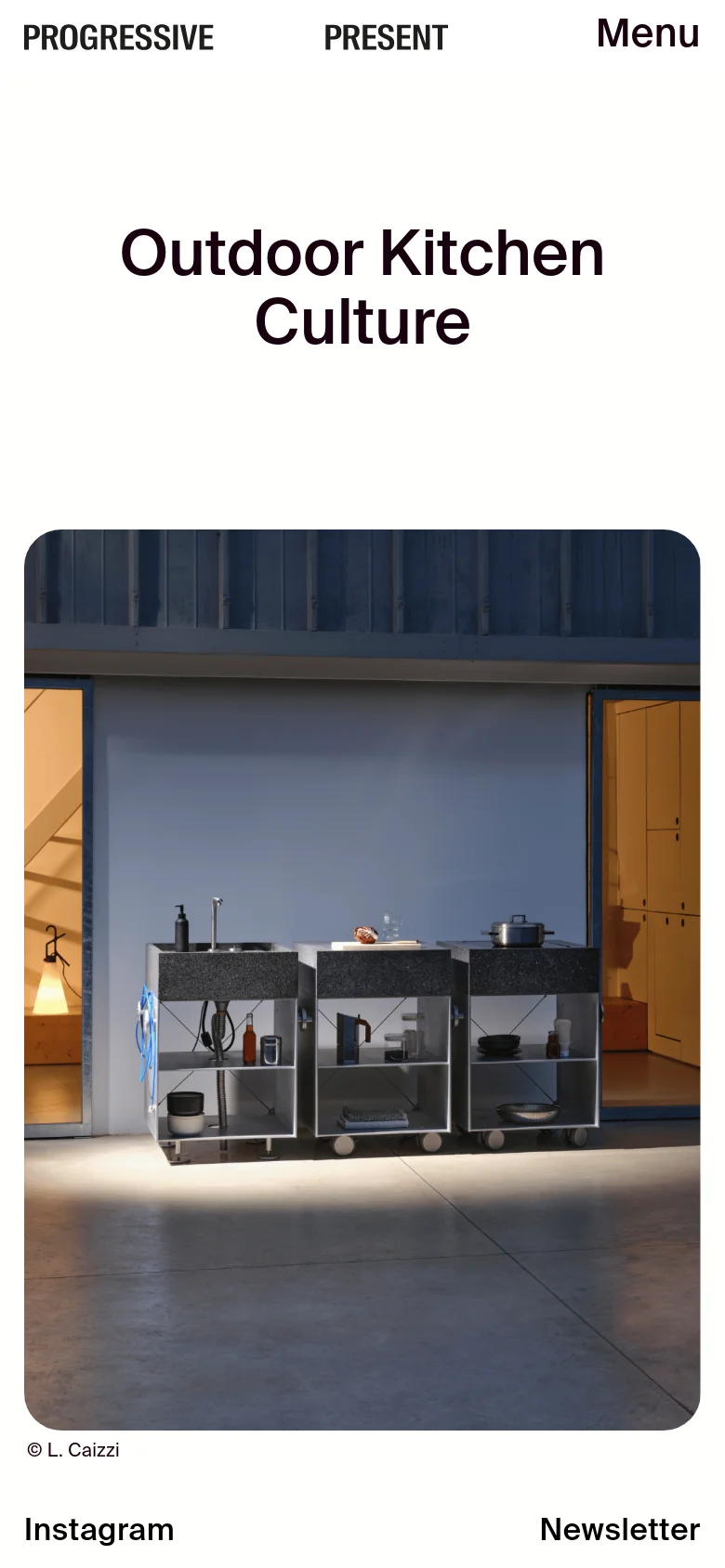 The mobile version presents a centered, vertical layout with the large headline 'Outdoor Kitchen Culture' at the top. Below the headline is a single, large hero image of the modular outdoor kitchen units. The navigation is condensed into a 'Menu' button at the top right, and footer links for Instagram and Newsletter are at the bottom.