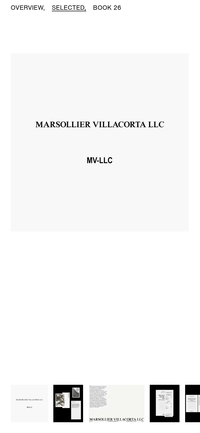 The mobile version maintains the minimalist aesthetic with a single-column layout for the large project images. The text 'MARSOLLIER VILLACORTA LLC' and 'MV-LLC' remains prominent, and the navigation menu is condensed at the bottom of the screen for easy access.