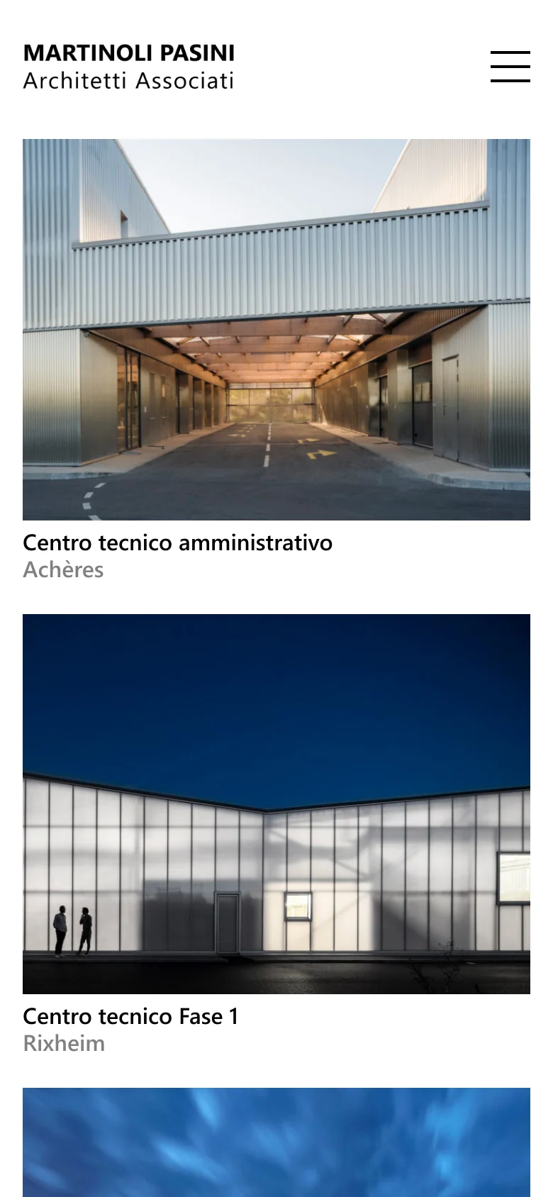 The mobile version maintains the minimalist aesthetic but uses a single-column vertical layout for the project grid. The header features a condensed version of the studio name and a hamburger menu icon for navigation. Each project is presented as a full-width image with its title and location stacked directly underneath.
