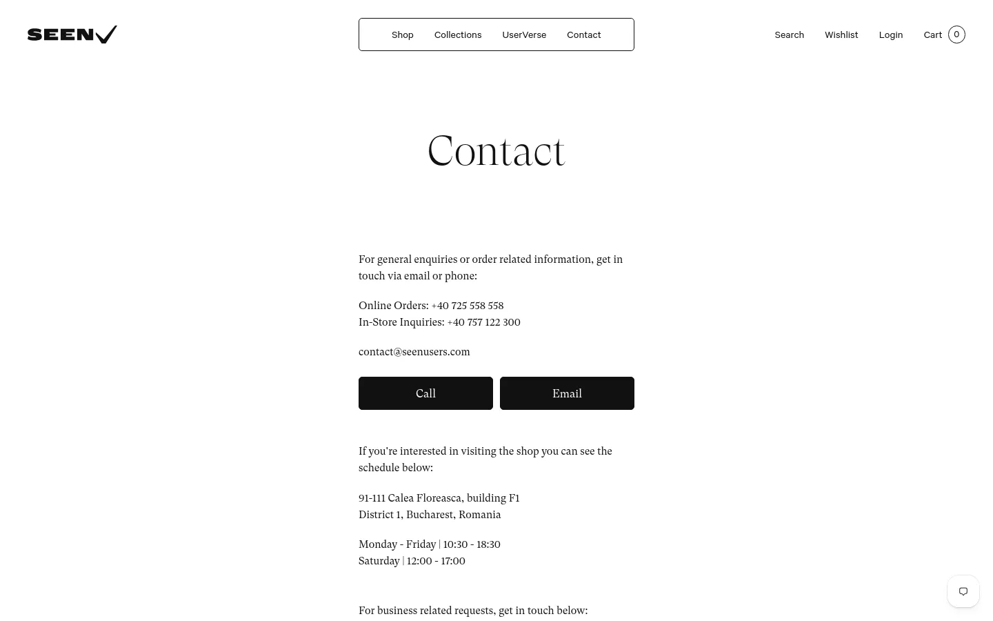 The desktop Contact page features a minimalist white layout with a centered serif headline. Contact details for online and in-store inquiries, an email address, and two large black call-to-action buttons for 'Call' and 'Email' are arranged vertically. Below, the physical shop address and operating hours are listed in a clean, centered format.